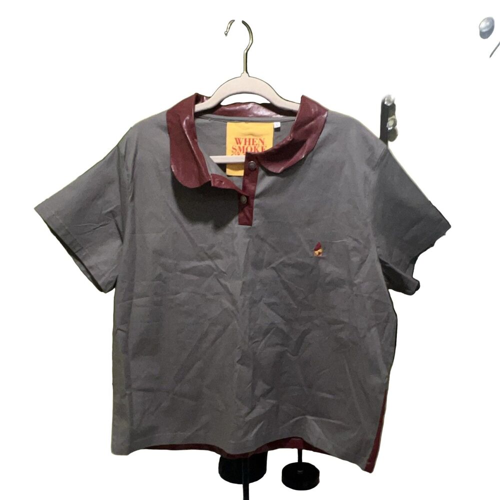 When Smoke Clears Polo Shirt L Grey Maroon Faux Leather Trim Short Sleeve
